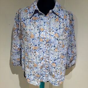 Free People Women's Happy Days Floral Button Down Blouse Small Blue Boho Cottage